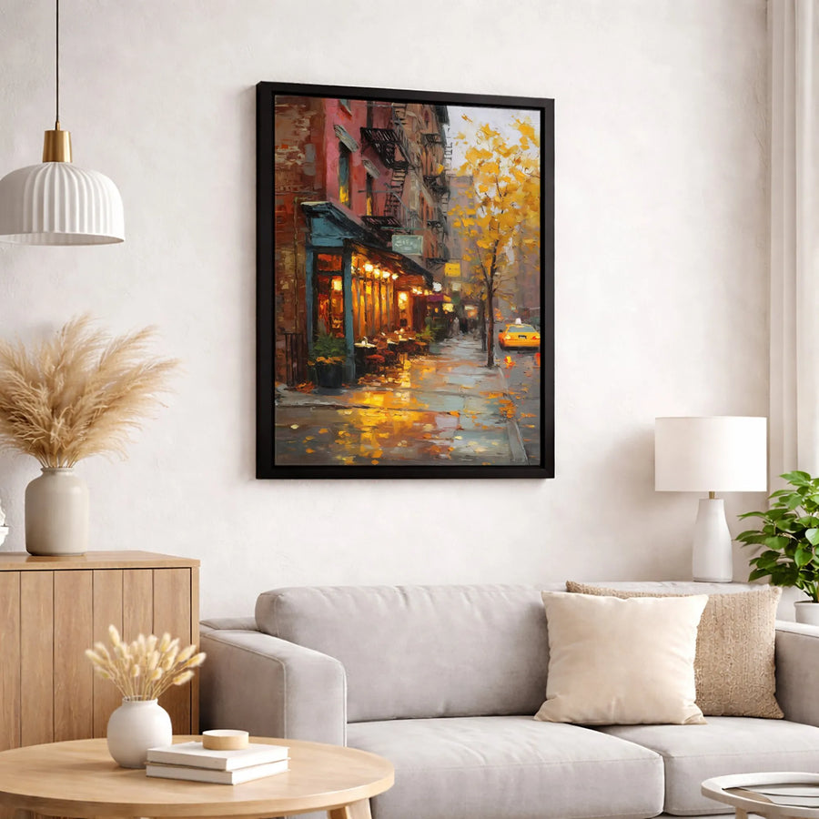 New York City Street Canvas | Rainy Autumn Evening Impressionist Art | Premium Gallery Wrapped Wall Decor | Urban Gift for Home Office