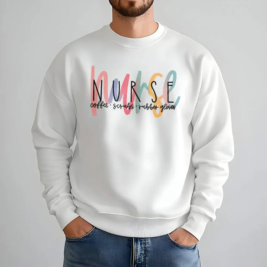 Nurse Sweatshirt | Coffee Scrubs Rubber Gloves Graphic | Premium Cotton Blend | Funny Nursing School Gift for RN LPN Students