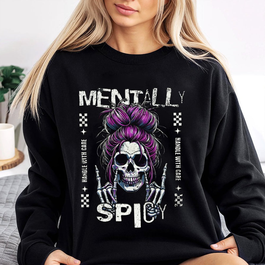 Mentally Spicy Skull Sweatshirt | Funny Skeleton Middle Finger Graphic | Premium Cotton-Blend Fleece | Edgy Sarcastic Gift for Women & Teens