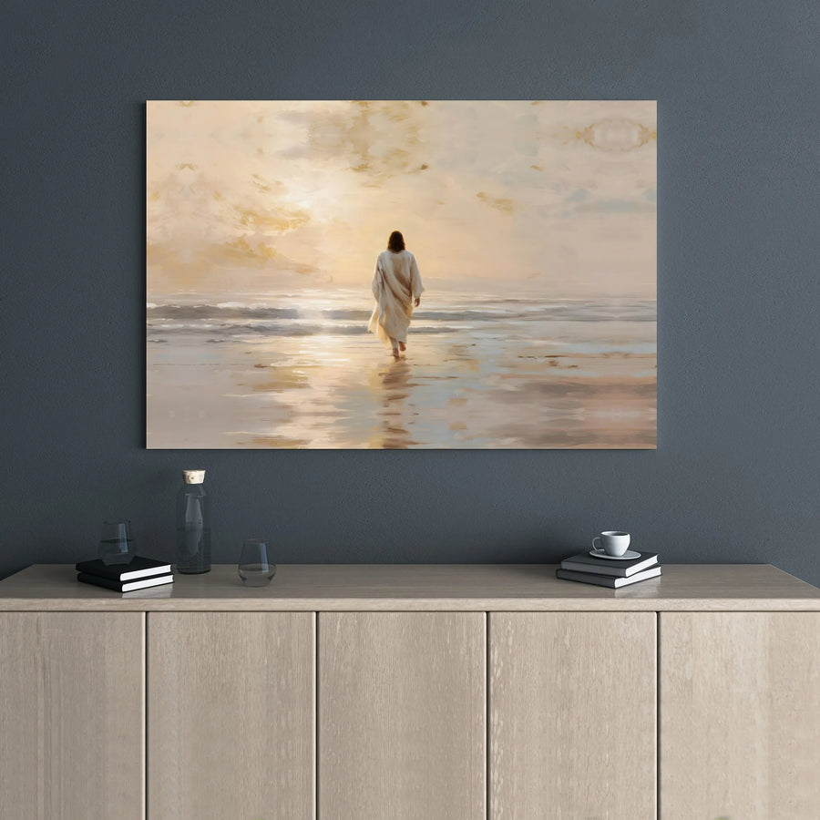 Jesus Walking On Water Canvas Wall Art | Serene Christian Beach Landscape | Premium Gallery Wrap Print | Faithful Home Decor Gift