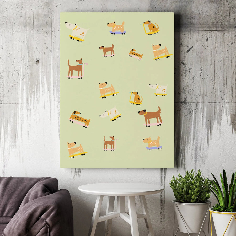 Cute Dog Wall Art | Cartoon Skateboard and Scooter Puppy Pattern | Gallery-Wrapped Premium Canvas | Nursery or Kids Room Decor Gift