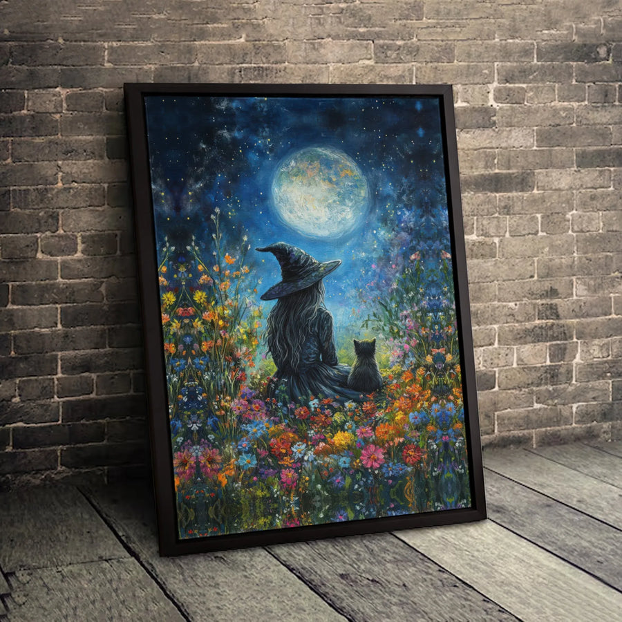 Witch and Black Cat Wall Art | Whimsical Full Moon Garden Print | Premium Gallery Wrap Canvas | Magical Home Decor Gift for Witchy Aesthetic Lovers