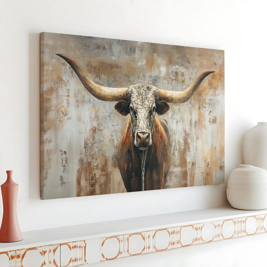 Texas Longhorn Canvas Wall Art | Rustic Textured Bull Painting | Premium Gallery Wrap Canvas | Western Farmhouse Decor Gift