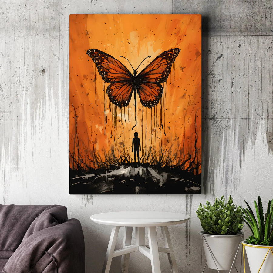 Monarch Butterfly Canvas Wall Art | Surreal Silhouette Dripping Paint Design | Premium Gallery Wrapped Decor | Modern Abstract Home Office Gift