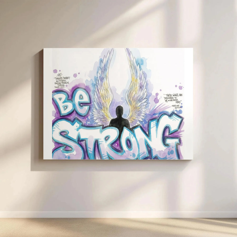 Be Strong Graffiti Canvas Art | Angel Wings Inspirational Wall Decor | Premium Gallery Wrap Print | Motivational Gift for Gym and Office