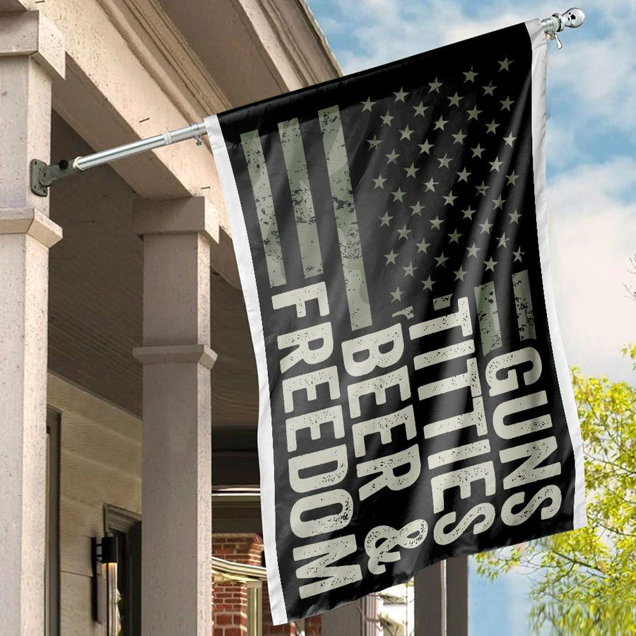 Guns Beer and Freedom Flag | Patriotic Camo USA House Banner | Premium Weather-Resistant Polyester | Funny Novelty Gift for Him