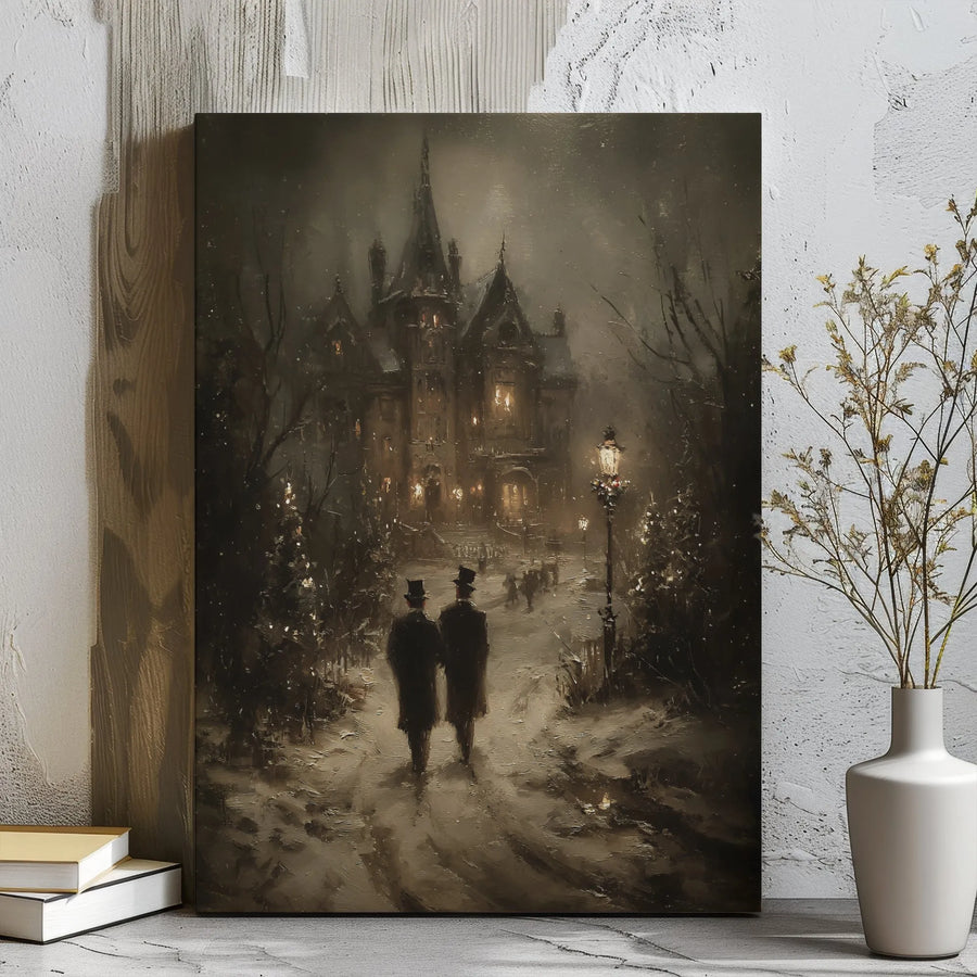 Victorian Winter Mansion Canvas Art | Snowy Gaslamp Street Scene | Premium Gallery Wrap Print | Atmospheric Moody Wall Decor for Victorian Lovers