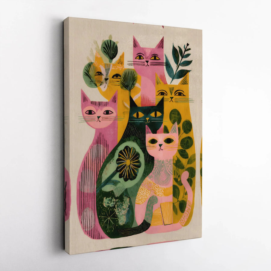 Colorful Cat Wall Art | Folk Art Botanical Canvas Print | Premium Gallery Wrap Decor | Unique Gift for Cat Lovers and Art Enthusiasts