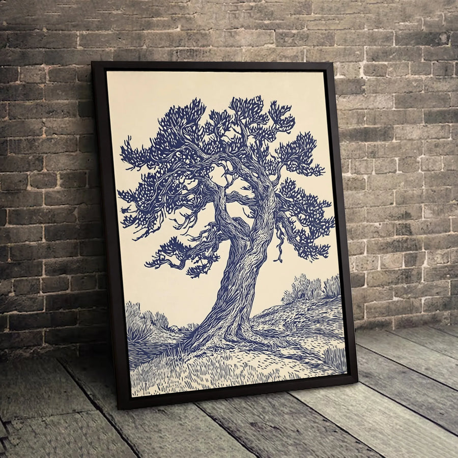 Windswept Tree Wall Art Canvas | Gnarled Nature Linocut Print | Premium Gallery-Wrapped Fade-Resistant Decor | Botanical Home & Office Gift