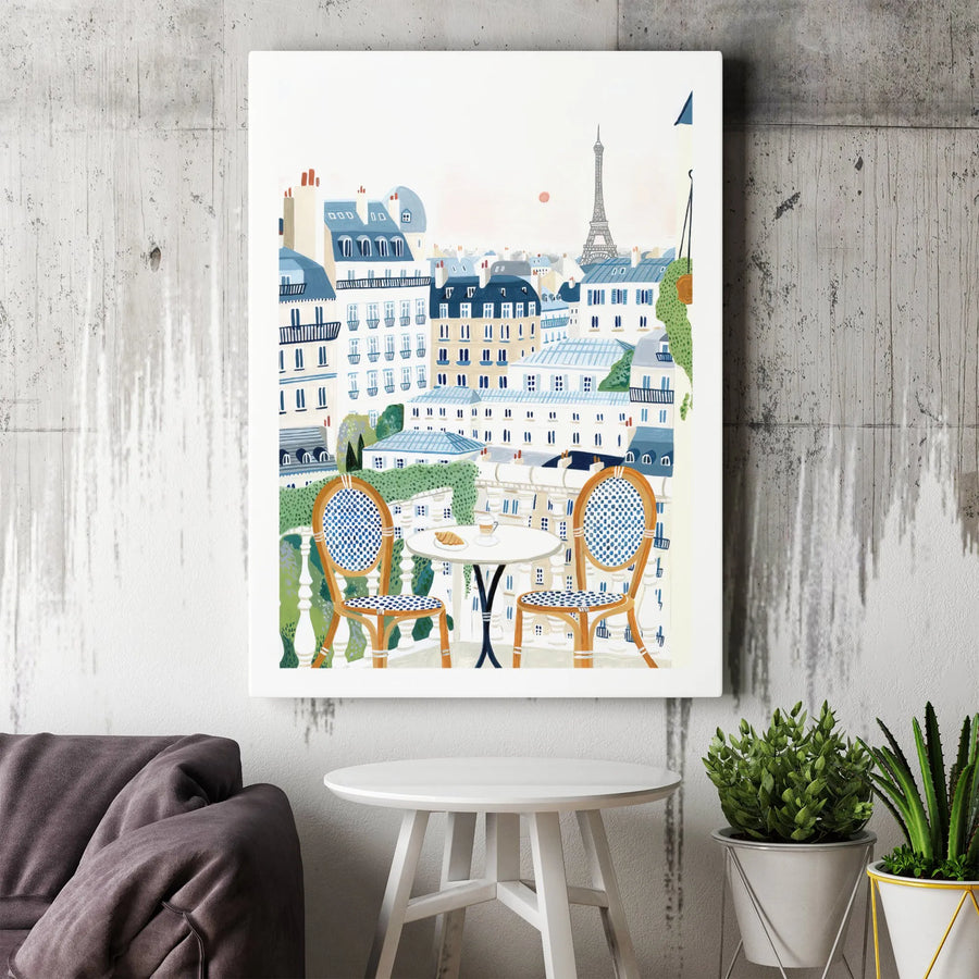 Parisian Balcony Canvas Print | Eiffel Tower Cafe View Art | Premium Gallery Wrap Decor | Aesthetic French Travel Gift for Her