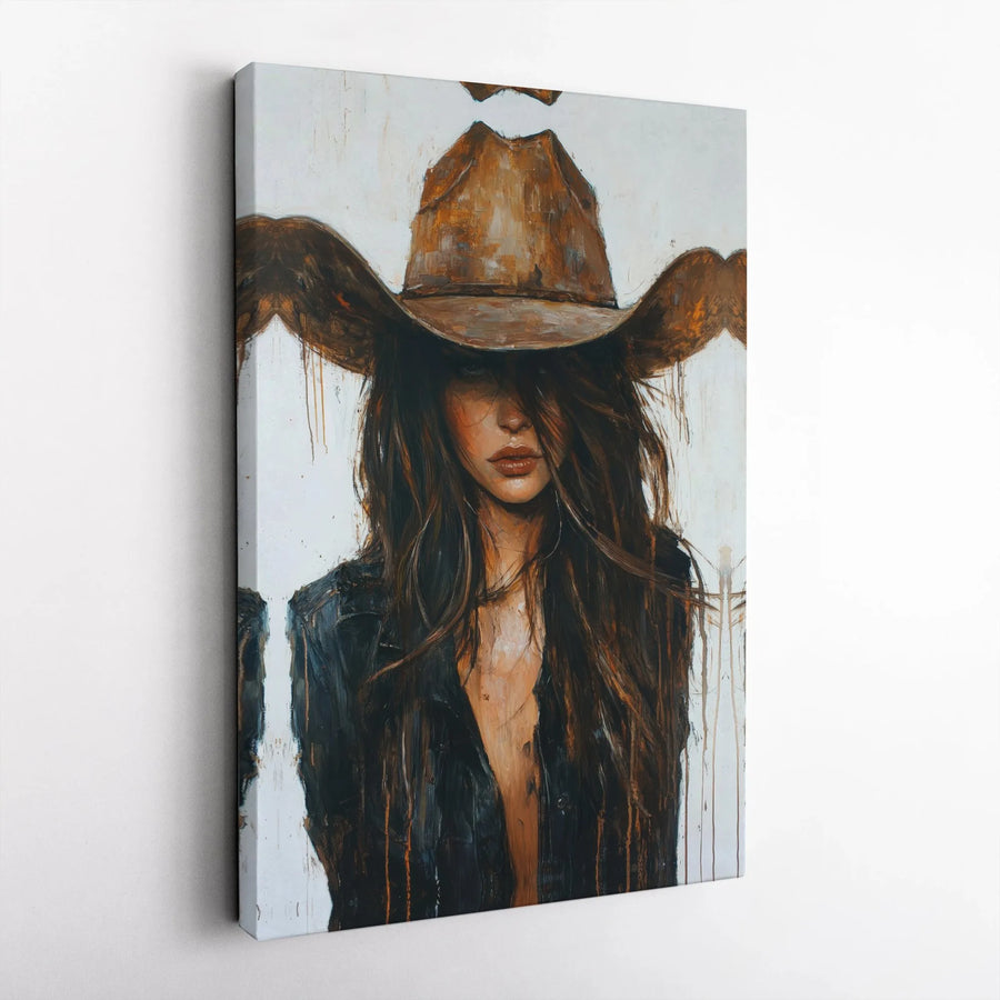 Western Cowgirl Canvas Wall Art | Abstract Cowboy Hat Oil Style | Premium Fade-Resistant Print | Rustic Farmhouse Home Decor Gift