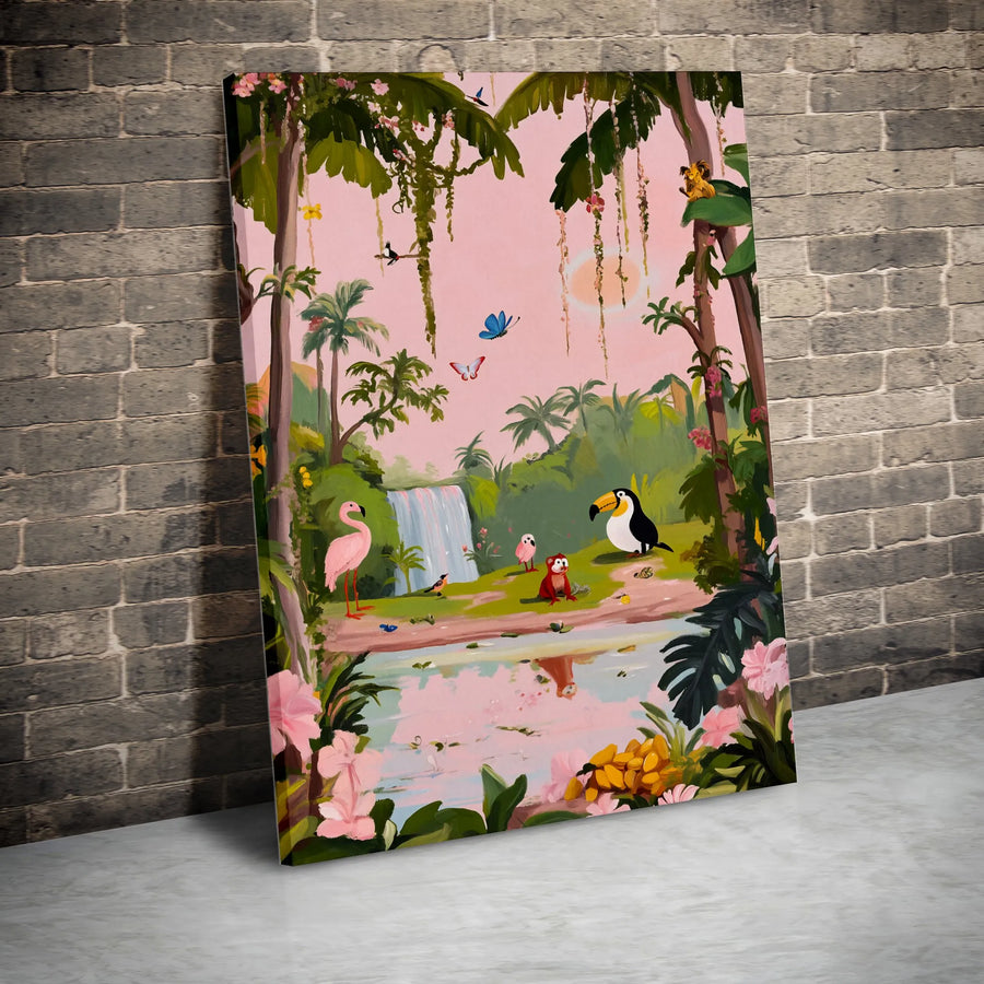 Whimsical Jungle Animal Canvas Wall Art | Pink Flamingo Toucan Monkey Print | Gallery Quality Premium Decor | Nursery And Tropical Living Room Gift