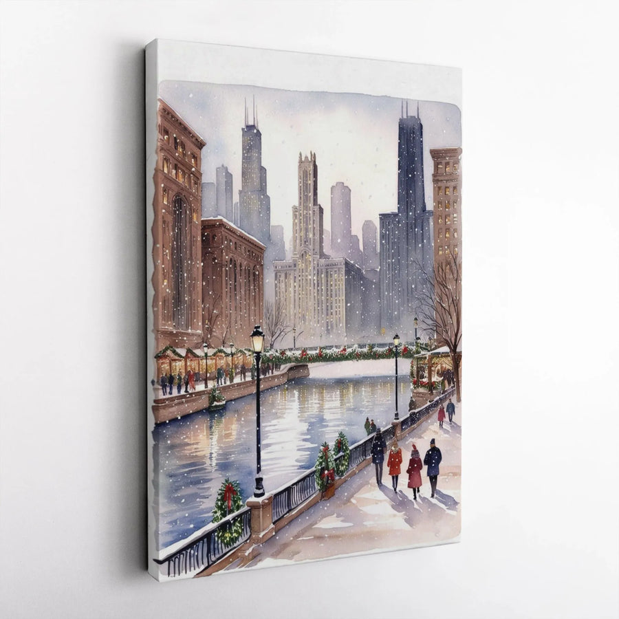 Chicago Riverwalk Wall Art | Winter Christmas Snow Landscape | Premium Gallery Canvas | Holiday Decor Gift for City Lovers