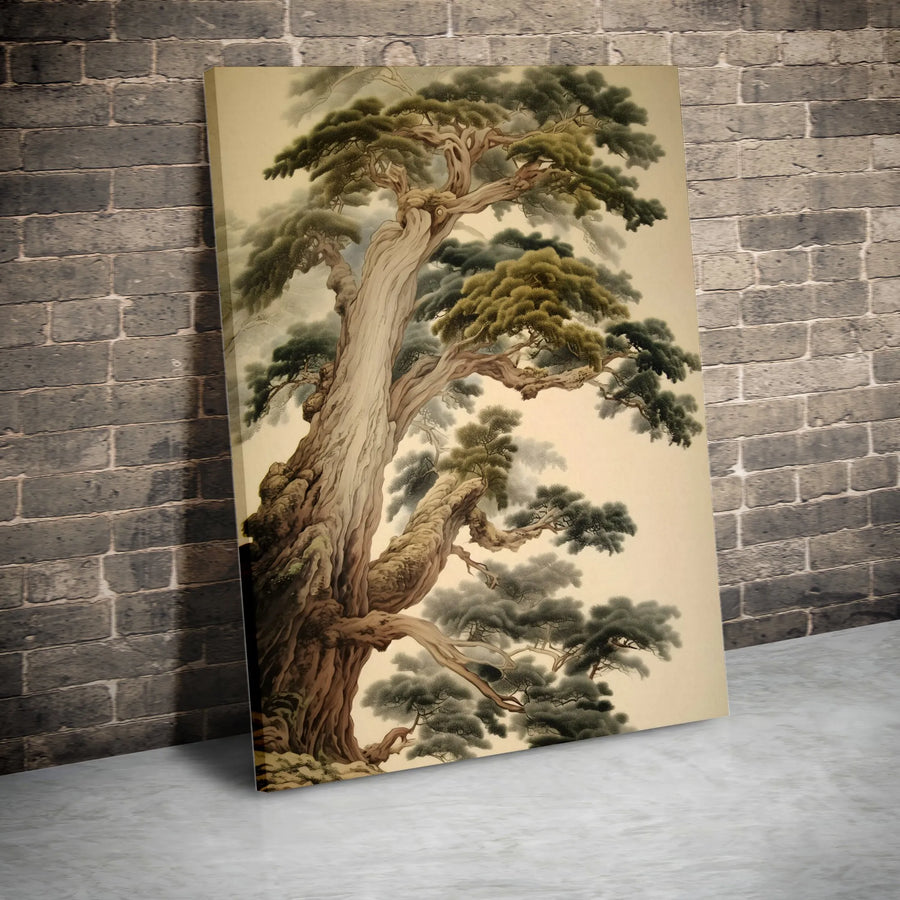 Ancient Pine Tree Canvas Print | Japanese Ink Wash Style Wall Art | Premium Gallery Wrapped Decor | Zen Home Office Aesthetic Gift