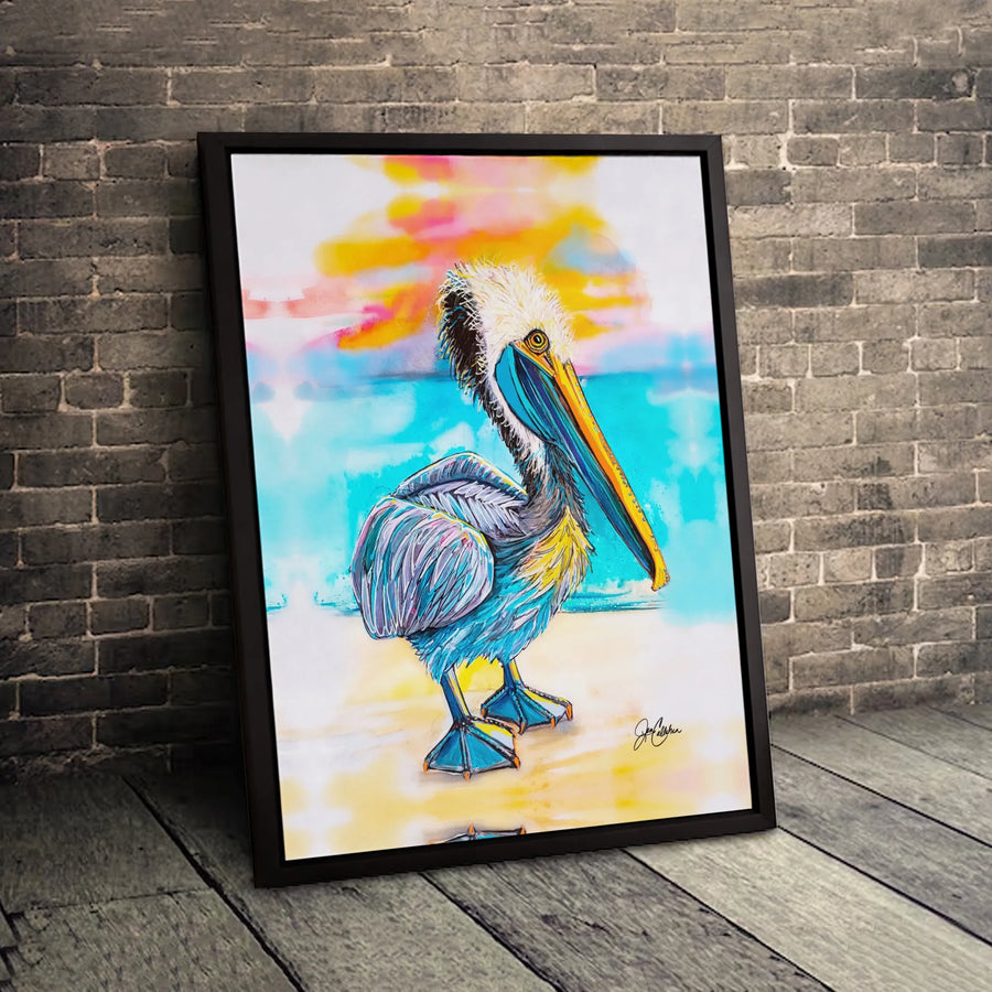 Colorful Pelican Canvas Wall Art | Coastal Sunset Bird Painting | 1.25 Inch Premium Gallery Wrap | Beach House Decor Gift For Bird Lovers
