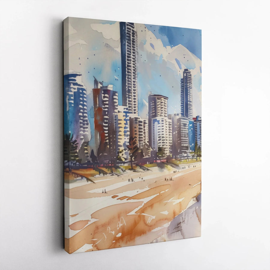 Modern City Skyline Canvas | Watercolor Beach Town Art | Premium Gallery Wrapped Print | Coastal Home Office Wall Decor