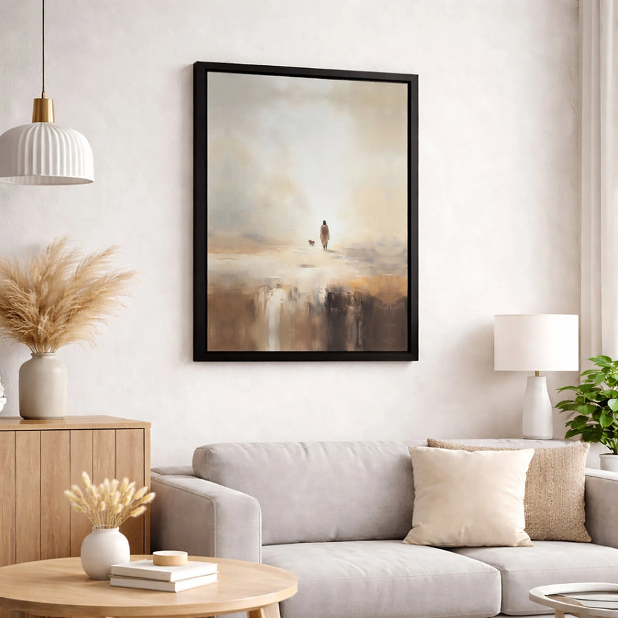 Abstract Landscape Canvas Print | Lone Figure Walking with Dog Art | 1.25 Inch Premium Gallery Wrap | Modern Home Decor Gift