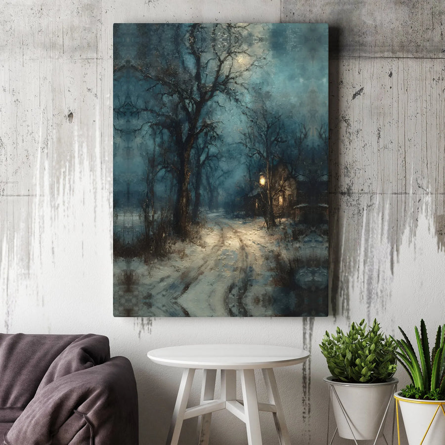 Winter Cabin Wall Art | Snowy Forest Night Landscape Canvas Print | Premium Gallery Wrapped Decor | Cozy Home & Office Christmas Gift