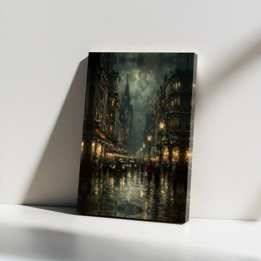 Vintage Christmas City Canvas Print | Moody Dark Academia Snowy Street Art | Premium 1.25" Gallery Wrap | Holiday Wall Decor for Home Office