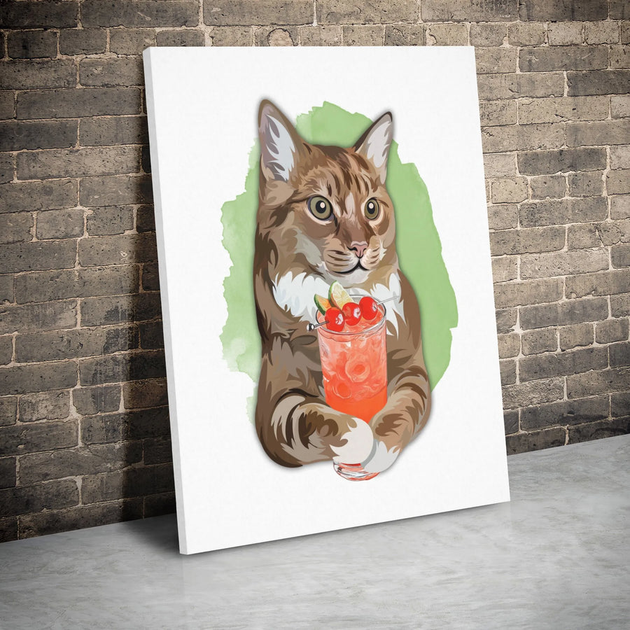 Brown Tabby Cat Wall Art | Whimsical Cocktail Drink Illustration | Premium 1.25" Gallery Wrap Canvas | Unique Home Office Decor Gift