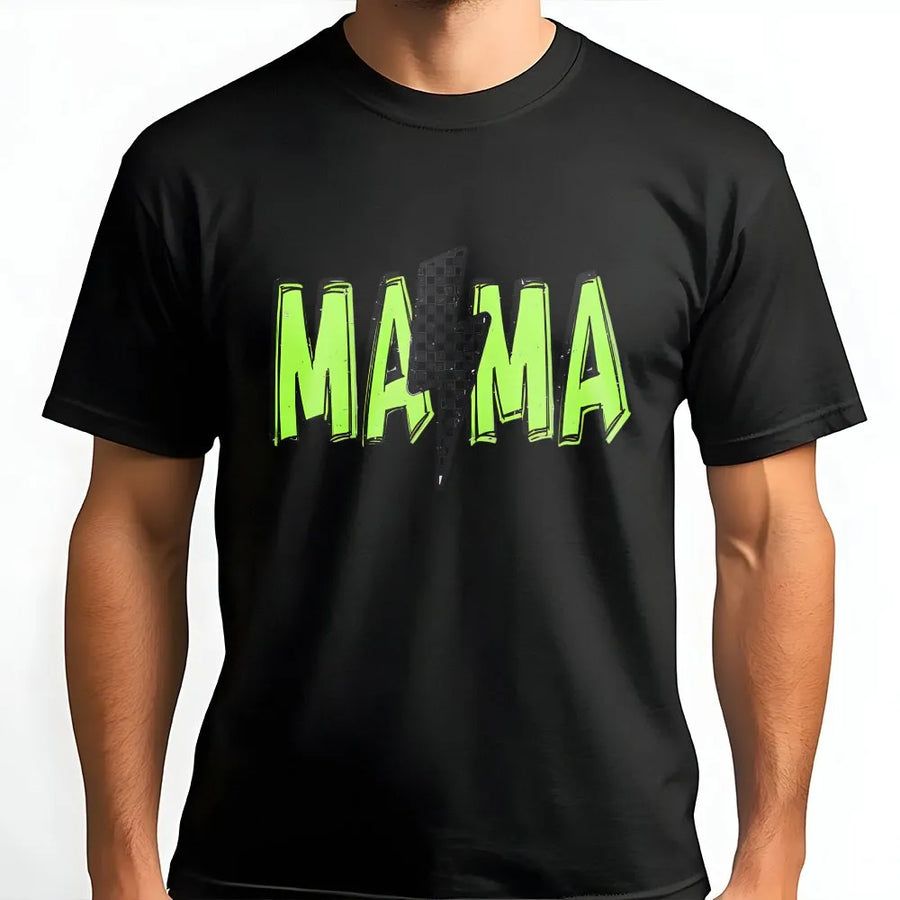 Mama T-Shirt with Neon Lightning Bolt | Checkerboard Design Graphic Tee | Premium 100% Cotton | Stylish Mom Gift for Birthday or Mother's Day 2026