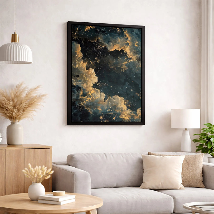 Celestial Night Sky Canvas | Gold Cloud Galaxy Abstract Art | Premium Fade-Resistant Wall Decor | Modern Home and Office Statement Piece