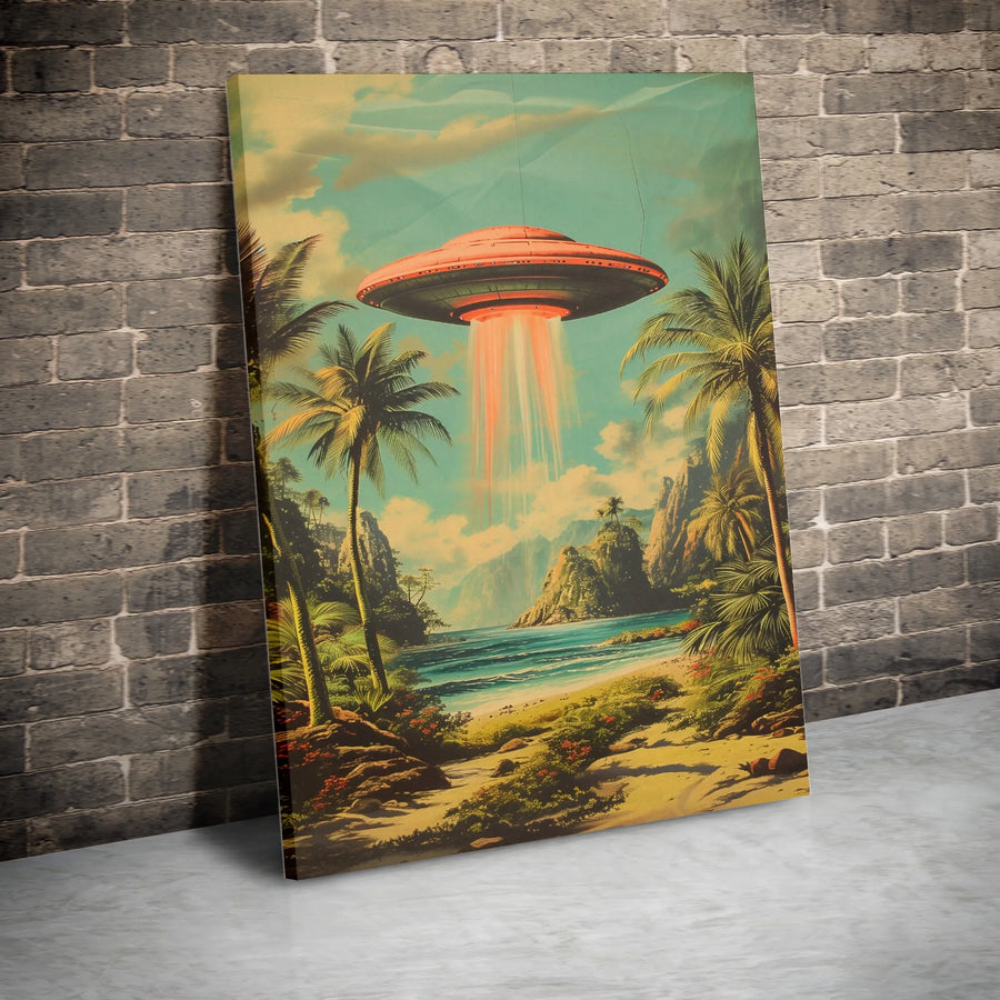 UFO Abduction Wall Art | Vintage Tropical Beach Landscape | Premium Gallery-Wrap Canvas | Sci-Fi Alien Home Decor Gift