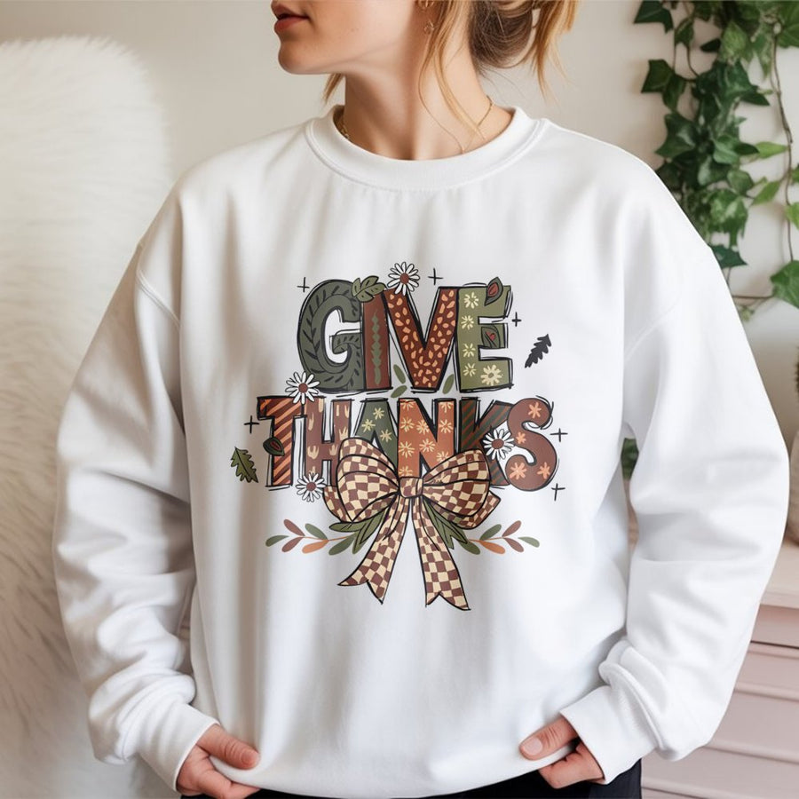 Give Thanks Sweatshirt | Retro Fall Bow Graphic | Cotton-Poly Blend Premium Crewneck | Thanksgiving Gift For Her