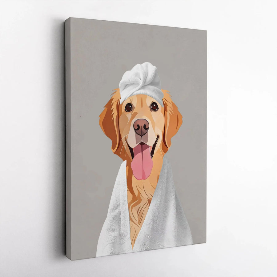 Golden Retriever Wall Art | Spa Dog with Towel Portrait | Premium Gallery Wrap Canvas | Funny Animal Bathroom Decor Gift for Dog Lovers