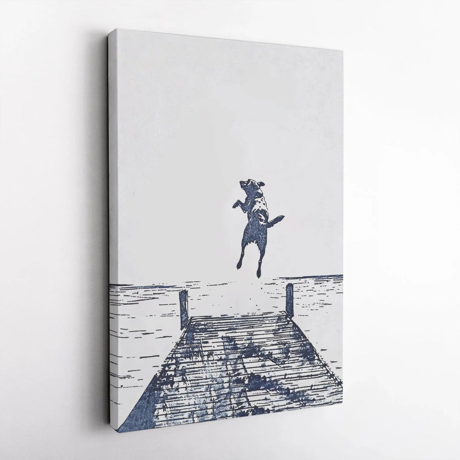 Dog Jumping Off Dock Wall Art | Minimalist Sketch Print | 1.25" Gallery Canvas | Pet Lover Gift Idea