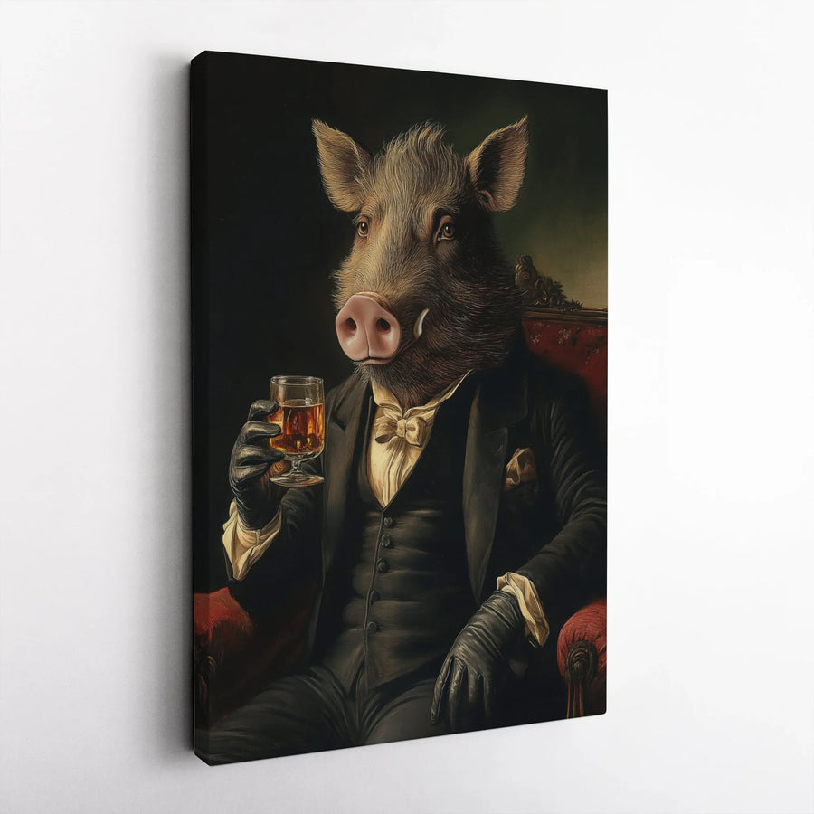 Wild Boar Drinking Whiskey Canvas Art | Sophisticated Animal Portrait | Premium Gallery-Wrapped Print | Unique Man Cave Home Decor Gift