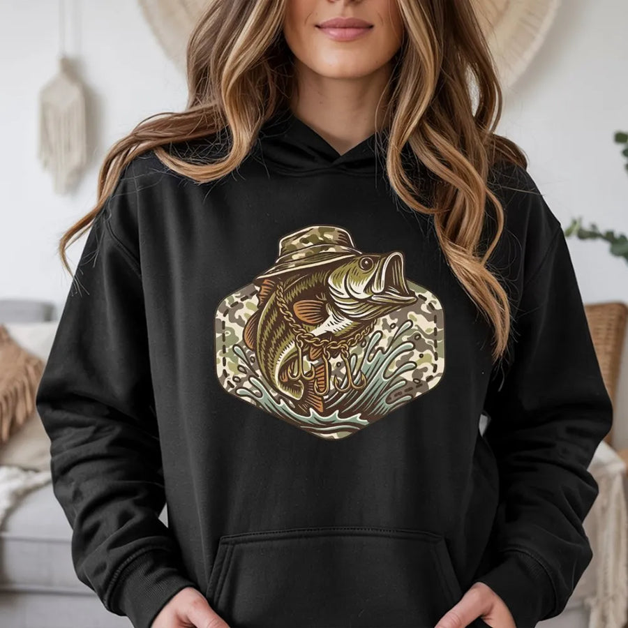 Fishing Hoodie | Bass Fish Wearing Camo Hat Graphic | Premium Cotton Blend | Gift for Anglers & Fisherman Enthusiasts