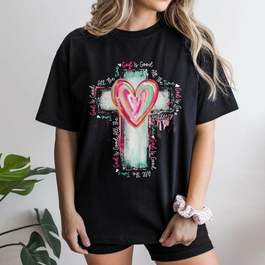 God Is Good All The Time T-Shirt | Watercolor Cross Heart Design | Premium 100% Cotton | Religious Christian Gift for Men and Women