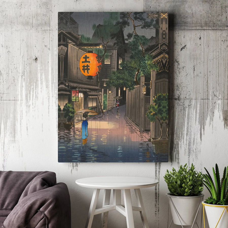 Japanese Woodblock Wall Art | Rainy Night Street Scene Canvas Print | Premium Gallery Wrap Decor | Gift for Art Lovers