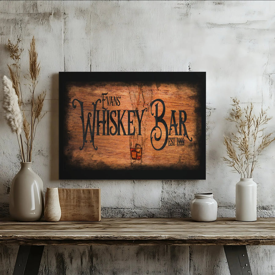 Whiskey Bar Sign Canvas Wall Art | Rustic Wood Print Design | Gallery Quality Canvas | Man Cave & Home Bar Decor Gift for Him