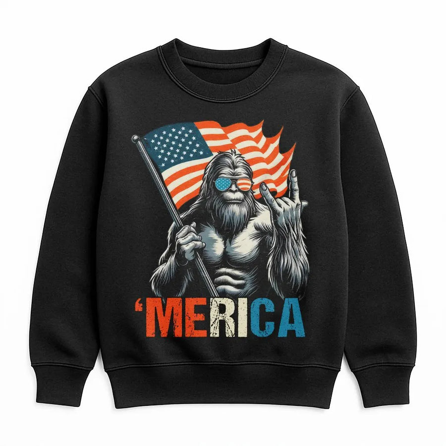Bigfoot Merica Sweatshirt | American Flag Sasquatch Graphic | Soft Cotton Blend Pullover | Funny Patriotic Gift for Men