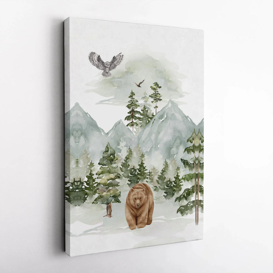Watercolor Bear Wall Art | Mountain Forest Landscape Canvas | Premium Fade-Resistant Print | Rustic Woodland Nursery Decor