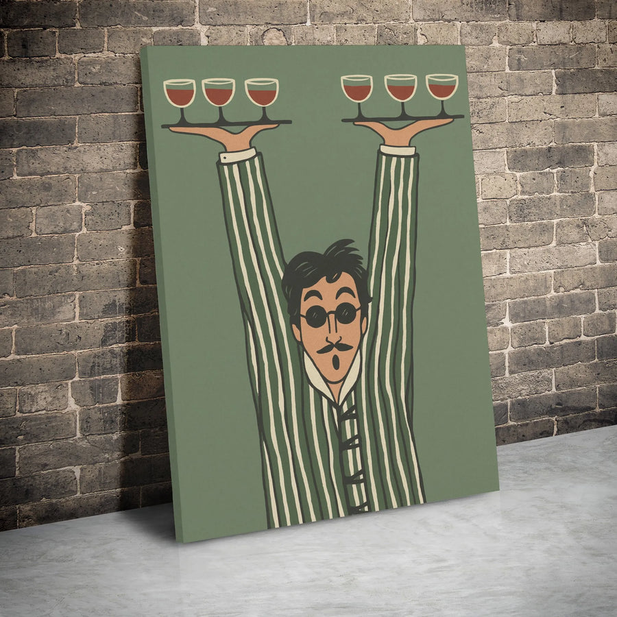 Retro Waiter Wall Art | Mustache Man Holding Wine Trays | Premium Gallery Wrapped Canvas | Kitchen or Bar Decor Gift