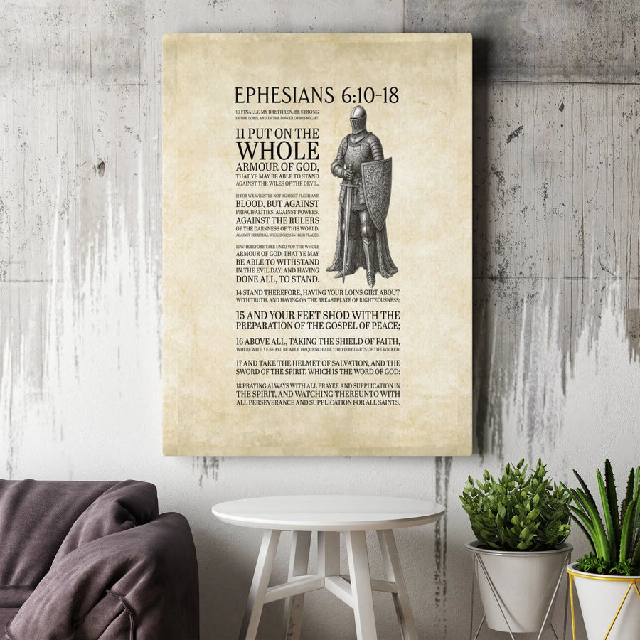 Ephesians 6:10-18 Canvas Print | Whole Armour of God Knight Scripture Wall Art | 1.25 Inch Gallery Wrap | Christian Religious Gift for Men