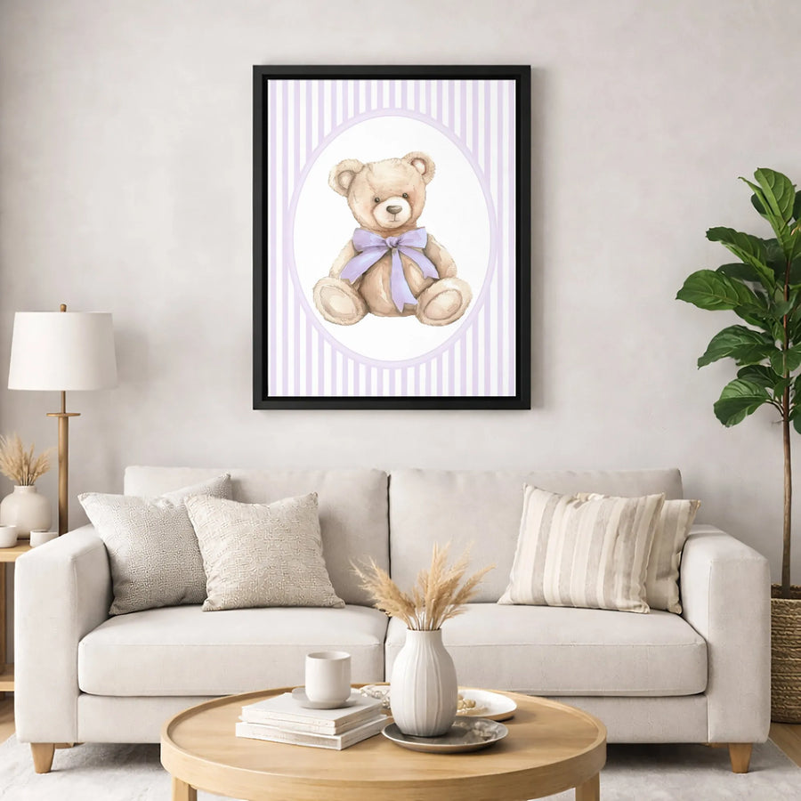 Watercolor Teddy Bear Canvas Art | Cute Purple Bow Nursery Wall Decor | Premium 1.25-Inch Thick Gallery Wrap | Baby Girl Room Gift