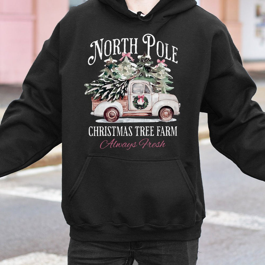 North Pole Christmas Tree Farm Hoodie | Vintage Rustic Truck Holiday Graphic | Premium Cotton Blend | Unisex Winter Gift for Family