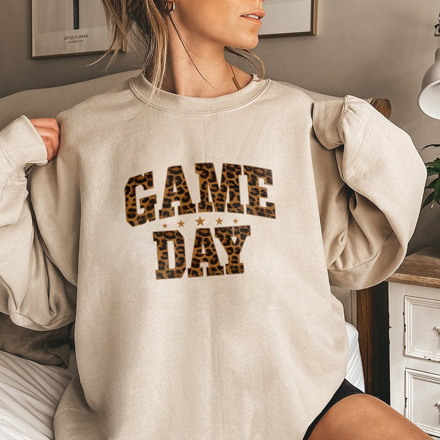Game Day Sweatshirt | Leopard Print Varsity Letter Graphic | Premium Cotton Blend | Cute Football Season Apparel for Women