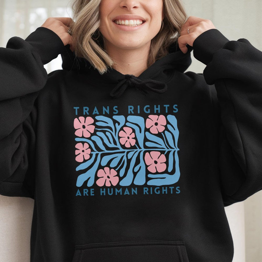 Trans Rights Are Human Rights Hoodie | Matisse Inspired Boho Floral Graphic | Premium Cotton-Poly Blend | Unisex LGBTQ Pride Gift for Allies