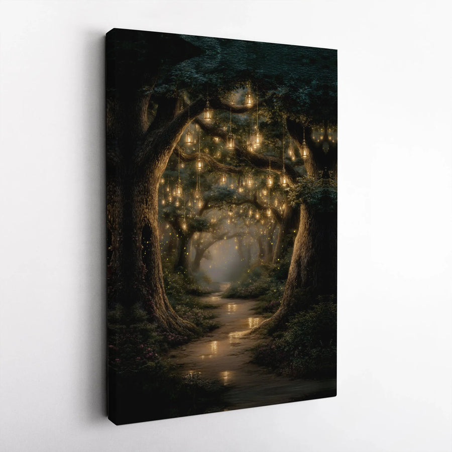 Enchanted Forest Canvas Wall Art | Whimsical Fairy Tale Path with Hanging Lanterns | Premium Gallery Wrapped Decor | Gift for Fantasy Lovers