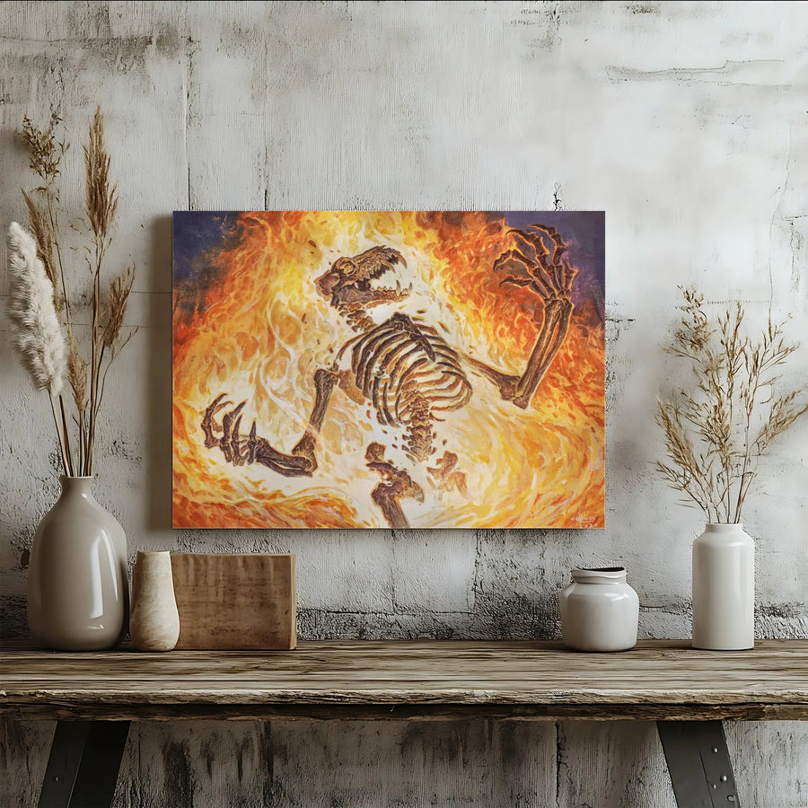 Sacred Fire Skeleton Canvas Wall Art | Fantasy Beast in Flames Painting | Premium Gallery Wrapped Canvas | Gothic Home Decor Gift for Fantasy Fan