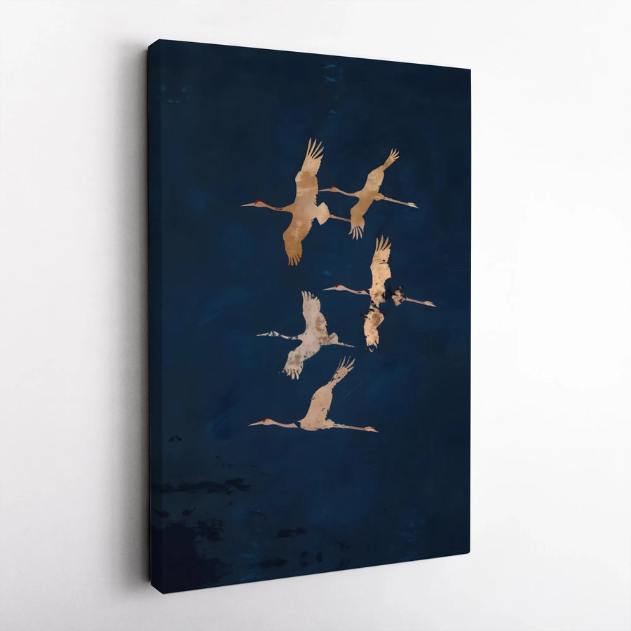 Japanese Crane Wall Art | Minimalist Golden Birds On Navy Blue Canvas | Premium Gallery Wrap Print | Zen Home Office Decor