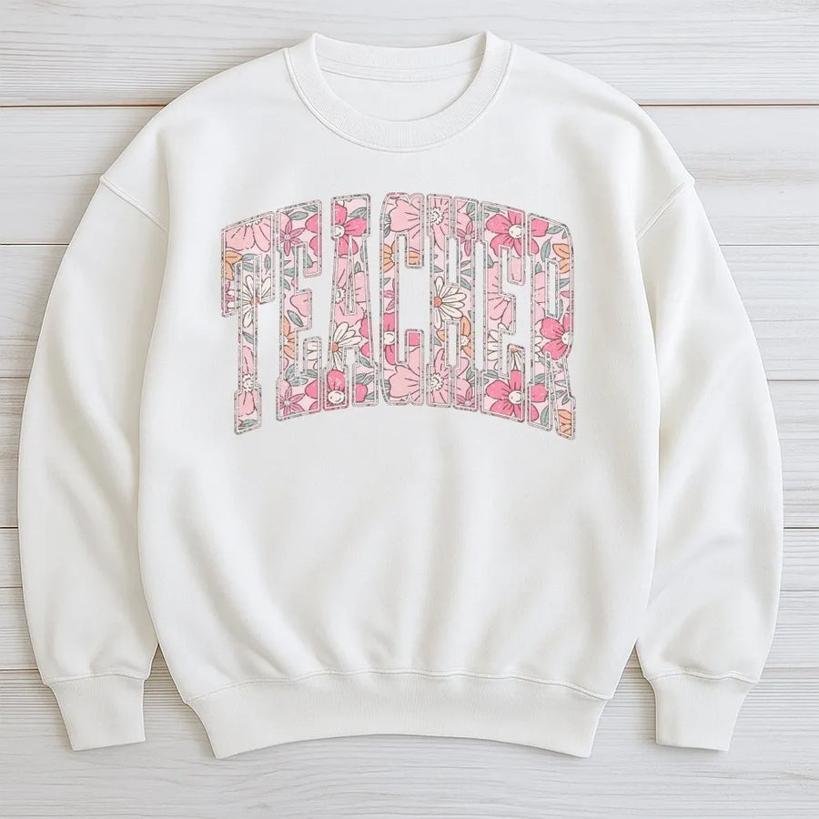 Floral Teacher Sweatshirt | Retro Spring Flower Graphic Crewneck | Soft Cotton Blend Pullover | Teacher Appreciation Gift