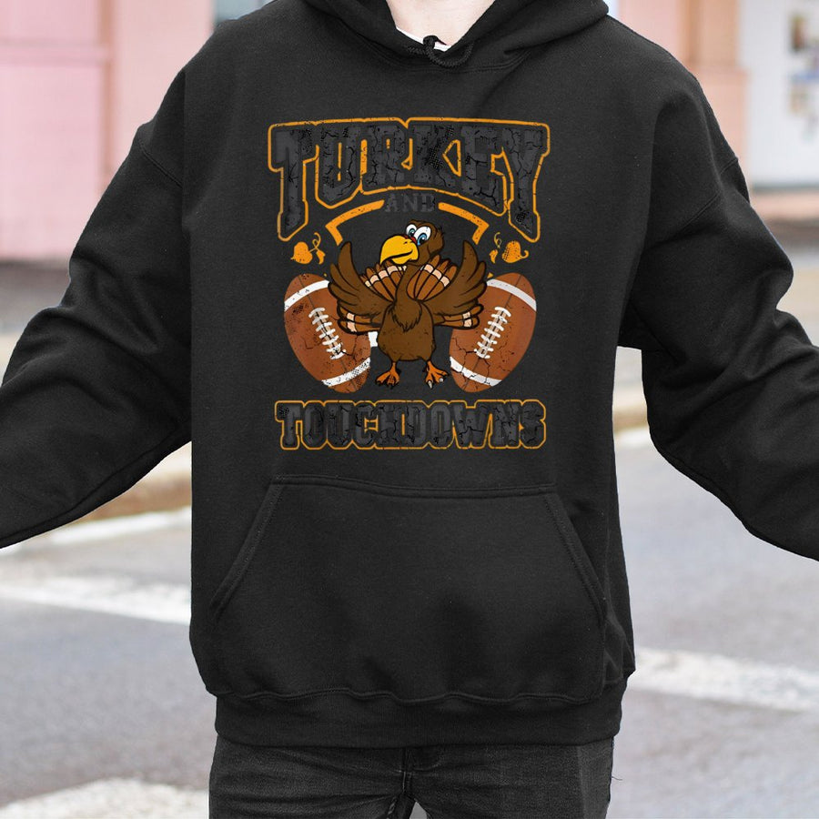Turkey And Touchdowns Hoodie | Funny Thanksgiving Football Graphic | Soft Cotton-Poly Blend | Unisex Fall Game Day Gift For Fans