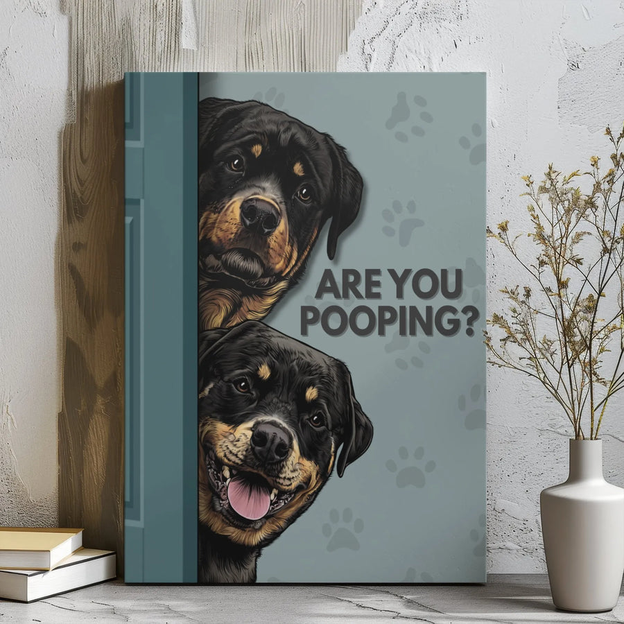 Rottweiler Bathroom Wall Art | Funny Dog Poster Decor | 1.25 Inch Gallery Wrapped Canvas | Humorous Pet Lover Gift For Him And Her