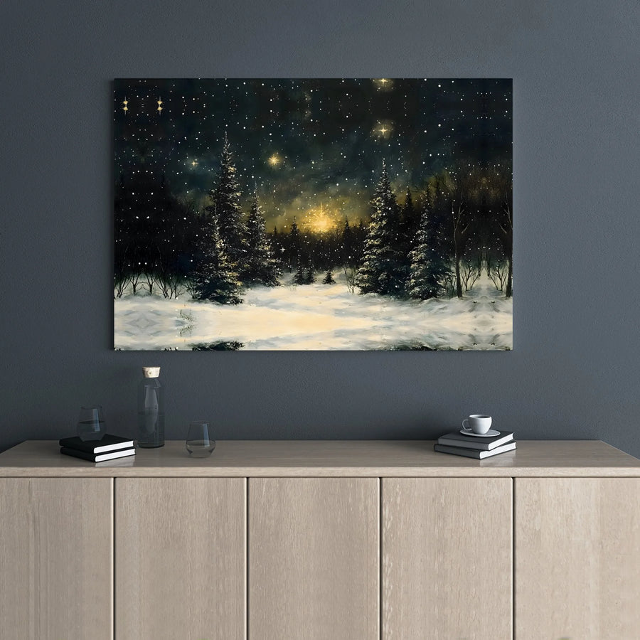Winter Forest Canvas Wall Art | Snowy Night Starry Sky Landscape | Premium Gallery Wrap Print | Peaceful Nature Home Decor Gift